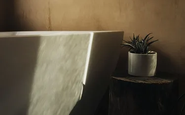 Innenaufnahme mit einer weißen Badewanne, eine kleine Pflanze in einem weißen Topf auf einem Holztisch, dunkle Wand im Hintergrund.