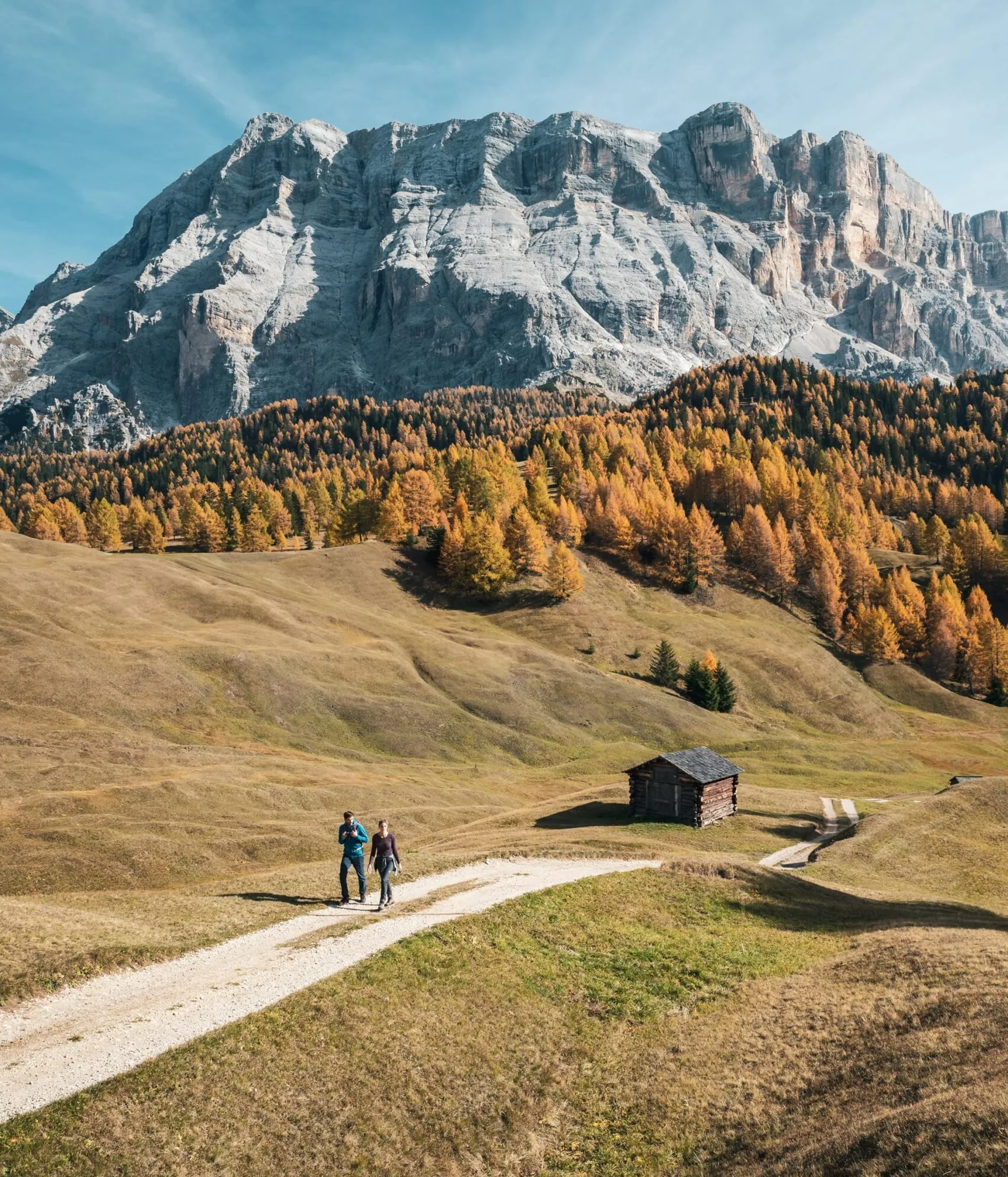 Due persone camminano su un sentiero tra le colline verdi, con un bosco di alberi autunnali e maestose montagne rocciose sullo sfondo in Alta Badia.