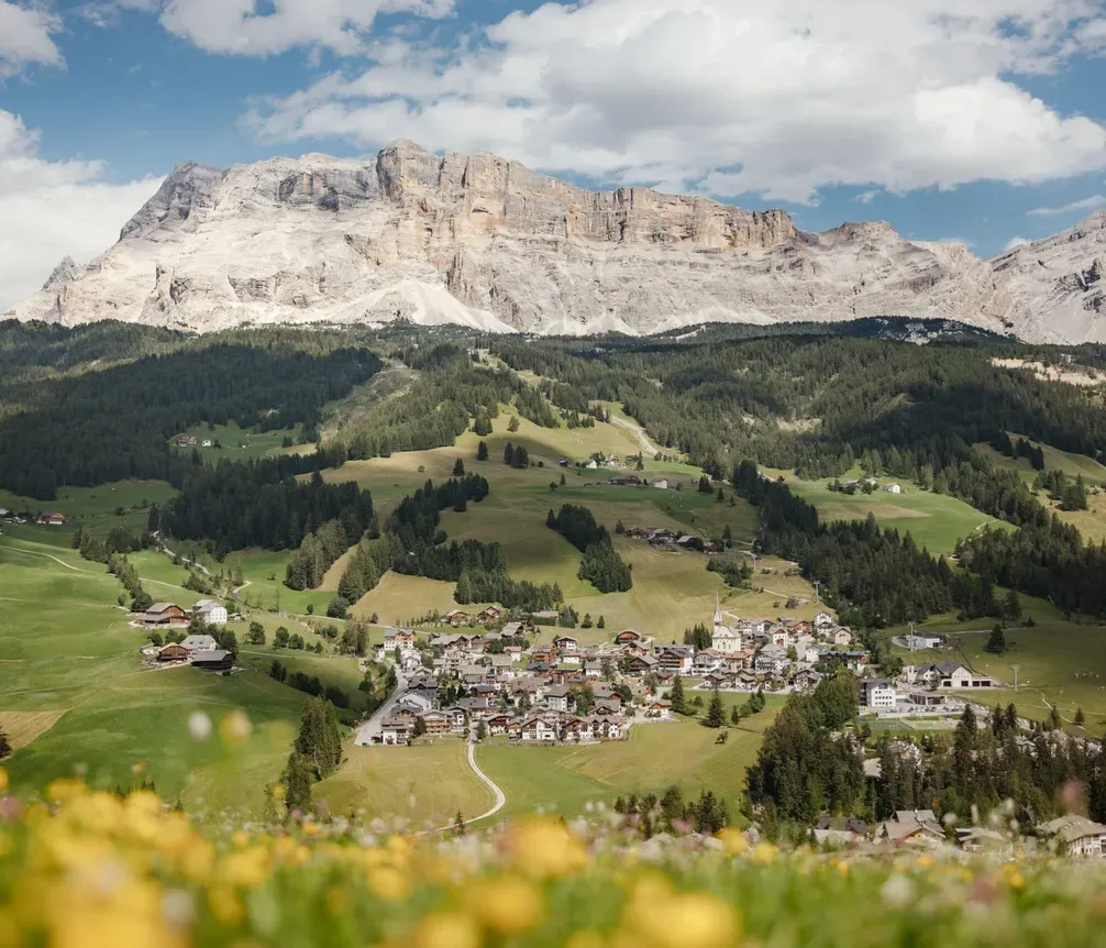 Paesaggio di montagne con villaggio di case tra verdi colline, con alcune case e alberi, sotto un cielo con nuvole.