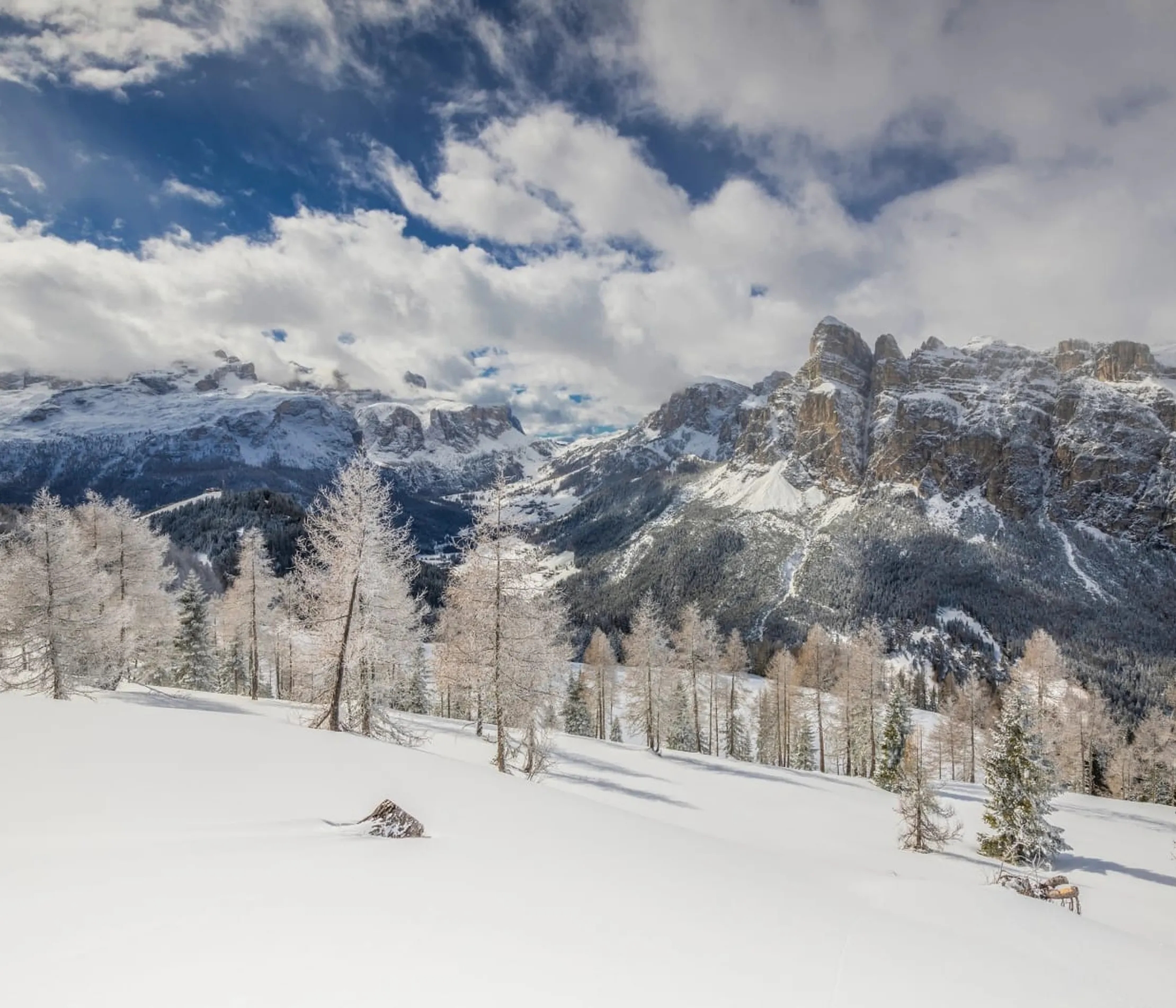 Verschneite Berglandschaft in Alta Badia, Dolomiten, mit bewölktem Himmel, zahlreichen Bäumen und schroffen Gipfeln im Hintergrund.