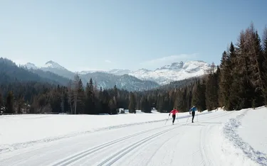 Zwei Skifahrer auf präparierter Loipe umgeben von Wald und schneebedeckten Bergen in Alta Badia, Dolomiten, bei hellem Himmel.